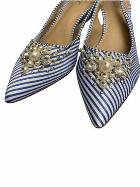 Blue White Stripe Slingback Heels Pearl Rhinestone Embellished Pointed Toe